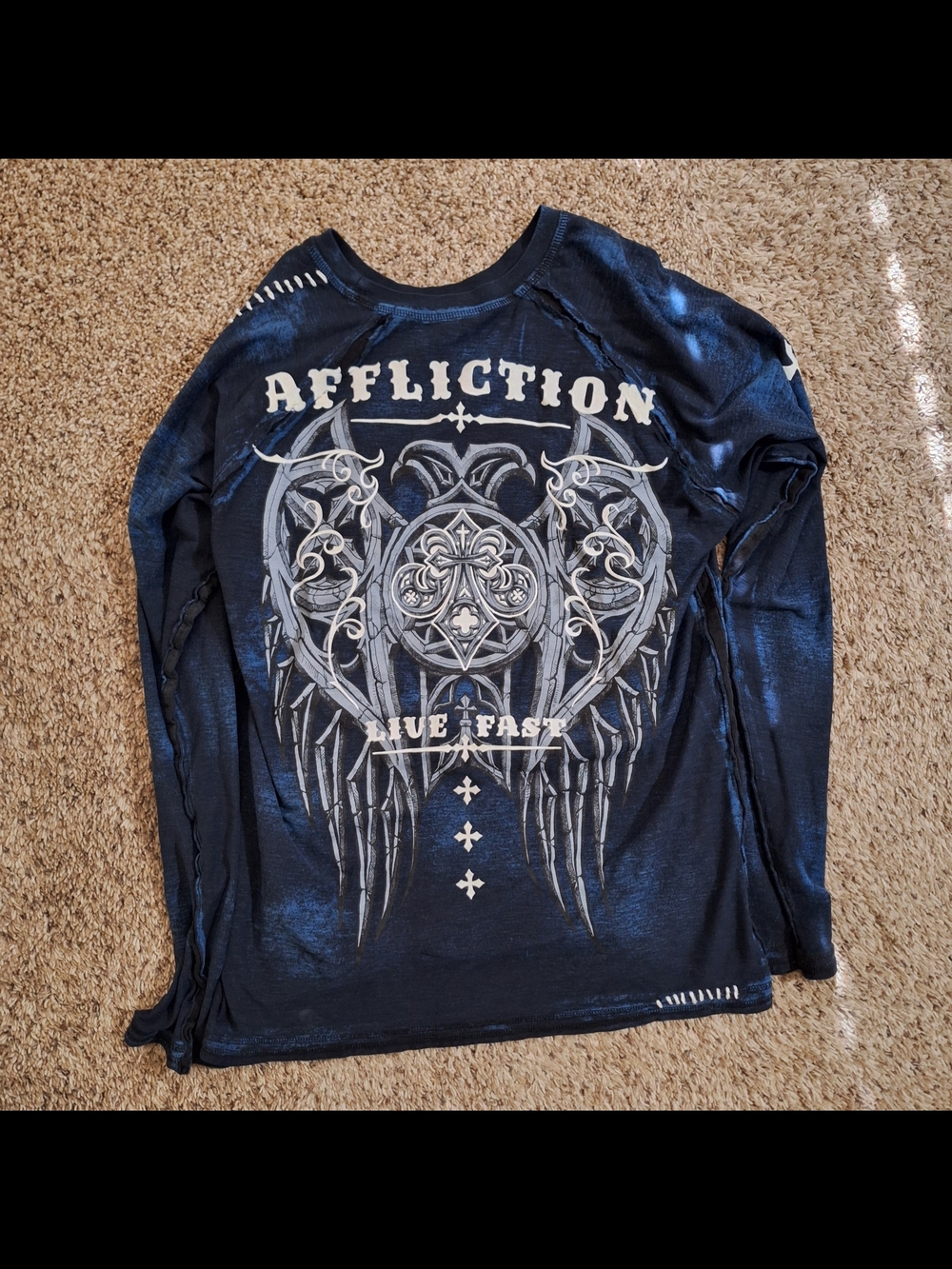 Affliction Live Fast Distressed Long Sleeve Tee Velvet Flocking XL